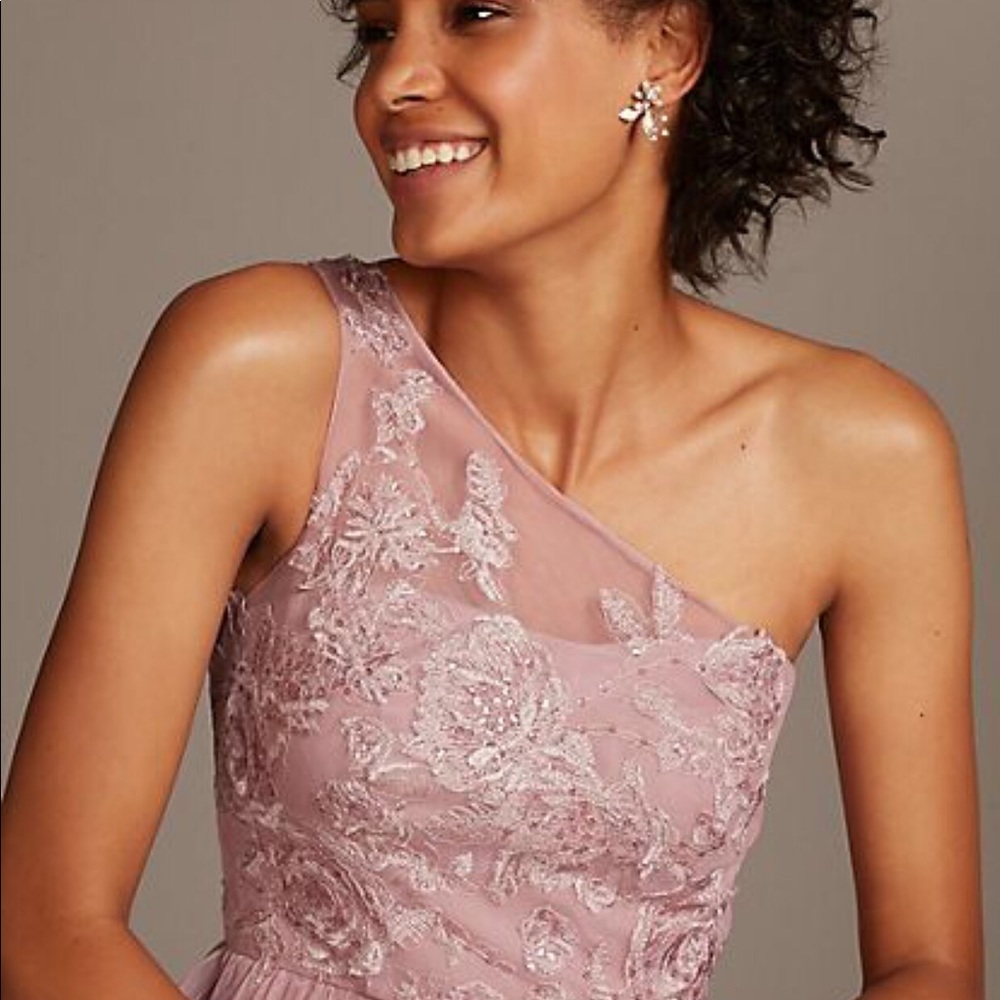 David’s Bridal one shoulder embroidered soft net bridesmaid dress